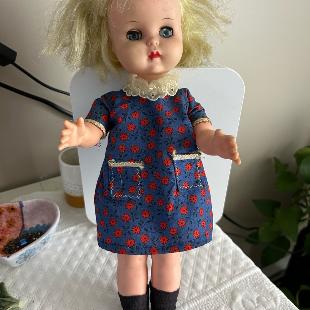 Vintage Doll with Floral Blue and Red Dress JollyToys 1962